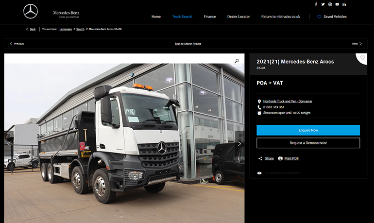 벤츠 중고트럭 매매 사이트의 모습