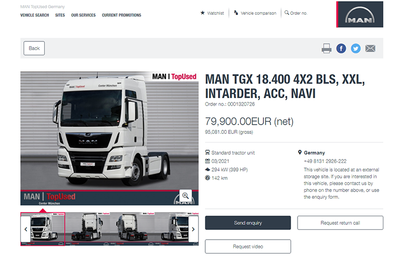 만트럭버스 중고트럭 매매 사이트의 모습