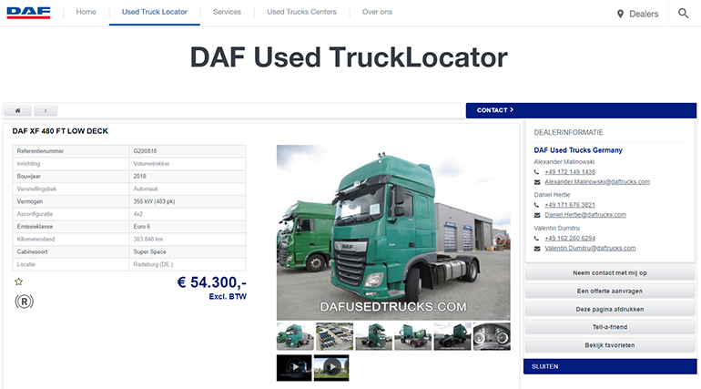 다프 중고트럭 매매 사이트의 모습