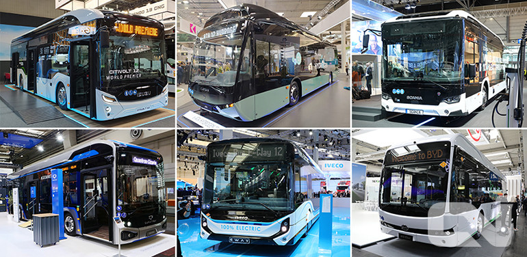 'IAA 2022'에 전시된 차세대 친환경 버스의 모습, 왼쪽 윗줄부터 아나도루 이스즈 전기버스 '시티볼트', 카잔 수소전기버스 'e-ATA', 스카니아 전기버스 '시티와이드', 콴트론 전기버스 '시자리스 12EV', 이베코 전기버스 'E-웨이', BYD 전기버스 'e버스'