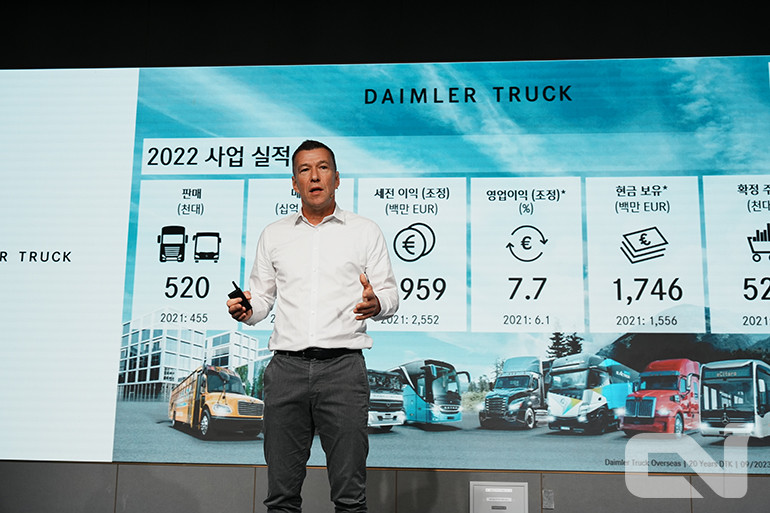 안드레아스 폰 발펠트(Andreas von Wallfeld) 다임러트럭 해외사업 부문 대표가 향후 다임러트럭코리아가 나아갈 방향에 대해 설명하고 있다.