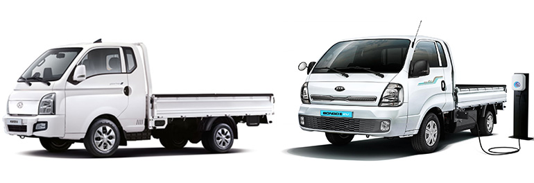 디젤 1톤 트럭이 단종에 들어가면서 대체제로 LPG와 전기가 떠오르고 있다 과연 어느 것을 선택하는것이 소비자에게 유리할까? 사진은 현대자동차의 '포터2 LPG'(왼쪽)와 기아의 '봉고3 EV'(오른쪽).