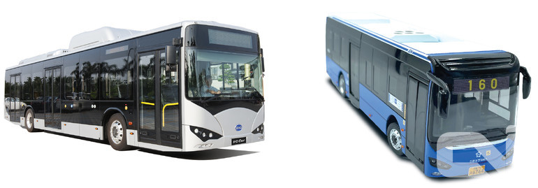 비야디 전기버스(왼쪽)와  하이거 전기버스(오른쪽).