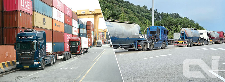 표준운임제(정부와 여당 주장) 및 안전운임제(야당 주장) 대상으로 포함된 수출입 컨테이너 품목을 실어나르는 컨테이너 트레일러와 컨테이너 야적장. 그리고 수출입 시멘트 품목을 실어나르는 벌크시멘트 트레일러. 