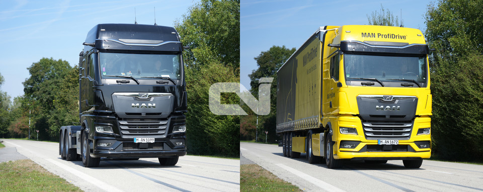 (왼쪽부터) 수소연소엔진트럭(H2-ICE) MAN hTGX, MAN TGX 520