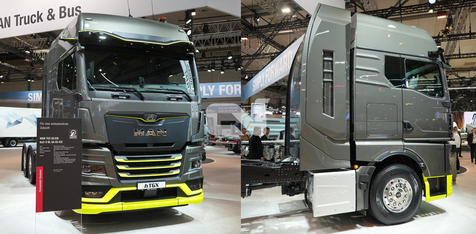 독일 하노버에서 개최된 '2024 IAA' 만트럭버스 부스에 전시된 MAN hTGX 모습. 진회색 캡 모습에 연두색 형광빛으로 포인트를 줬다. 헤드 뒷편 수소탱크를 보호하기 위해 캡을 분리 연장했다.