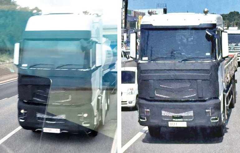 위장막을 한 현대차 엑시언트. 왼쪽은 트랙터, 오른쪽은 대형카고 모델로 보인다. 사진 출처: 다음 카페 ‘로드파일럿’과 ‘티스토리’ 블로그.