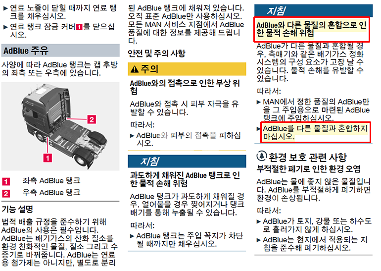 만트럭버스의 차량 메뉴얼. 요소수를 다른 물질과 혼합하지 말라고 명시돼 있다.