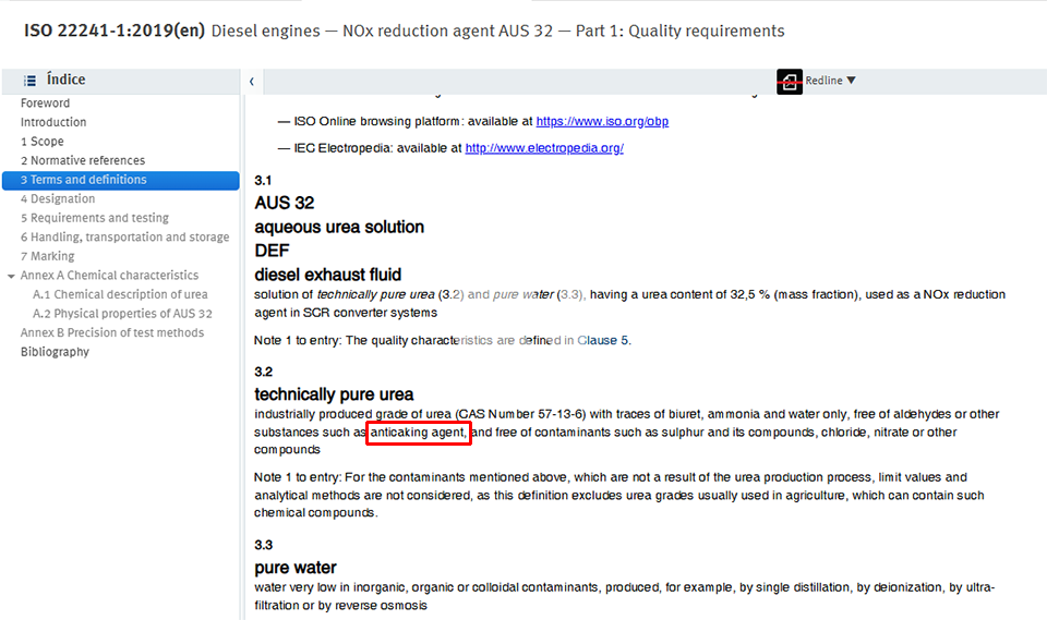 요소수 관련 국제 표준 규격을 명시한 ISO 22241 에는 요소수의 비율 기준은 물론, '고결방지제(Anticaking agent)'가 혼합되면 안된다는 항목이 명시 돼 있다. (출처 : iso.org)