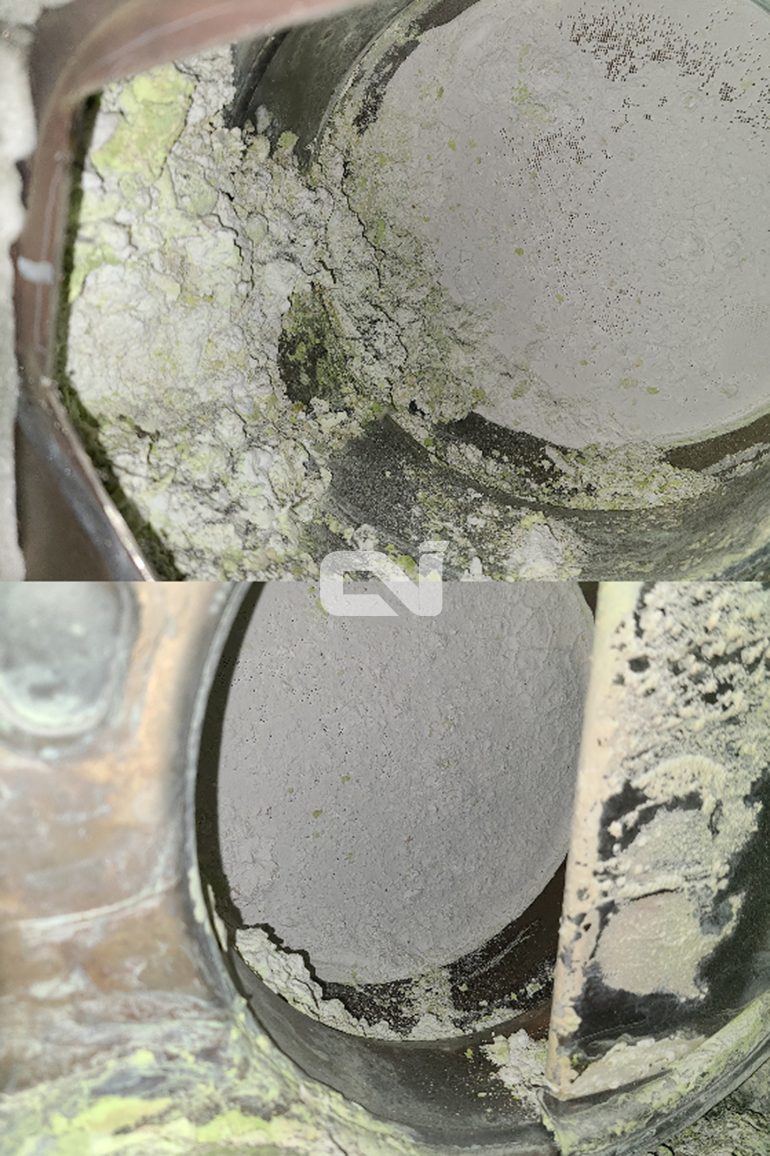 SCR 시스템의 담체가 결정체로 오염된 모습. 클리닝 업체 관계자는 "SCR 시스템이 고장 나서 들어온 차량들을 점검해보면 하얀 물질이 쌓여있는 경우가 많은데, 올해 들어서 들어오는 차들 보면 요소수 첨가제를 사용한 경우가 많았다"라고 전했다.