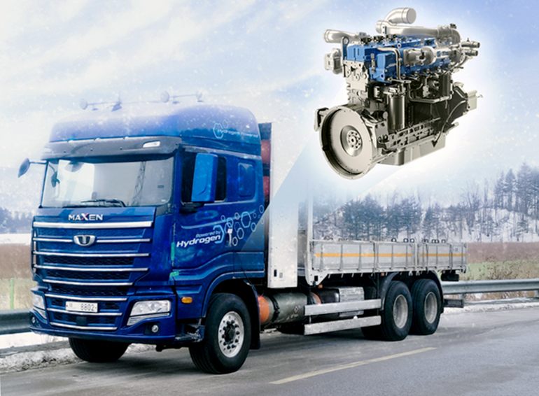 11ℓ급 수소엔진 'HX12'가 장착된 타타대우모빌리티 맥쎈 수소 카고트럭