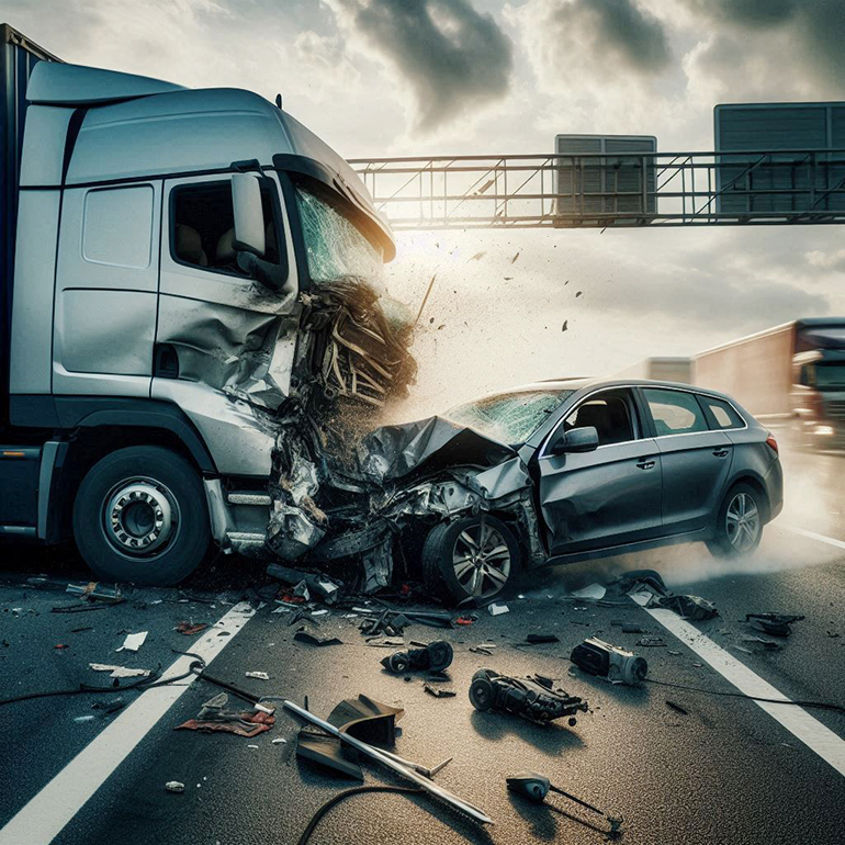 대형트럭과 승용차가 정면 충돌한 교통사고 모습. 사진은 AI로 생성한 이미지.