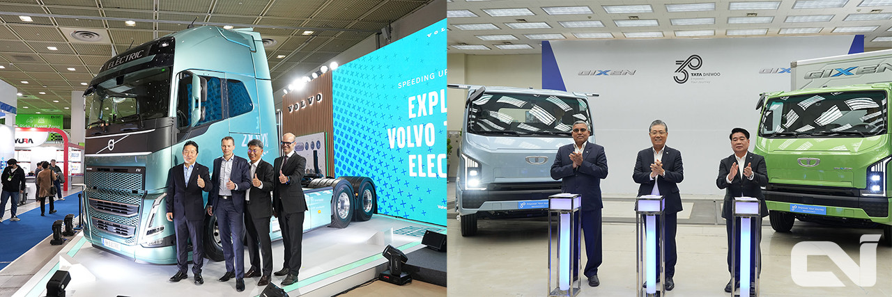 (좌) 볼보트럭코리아의 대형 전기트럭(FH 일렉트릭) 런칭 모습. 현재 국내 판매를 위한 인증 절차를 모두 마쳤으나, 국고 보조금 지원이 안돼 판매에 애로를 겪고 있다. (우) 타타대우모빌리티의 준중형 전기트럭(기쎈 EV) 런칭 모습.