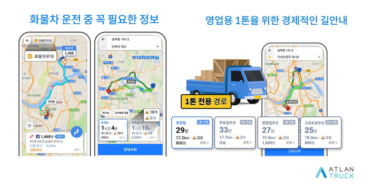 화물차를 고려한 경로 안내 및 필요 정보를 제공하는 아틀란 트럭의 구동화면. 